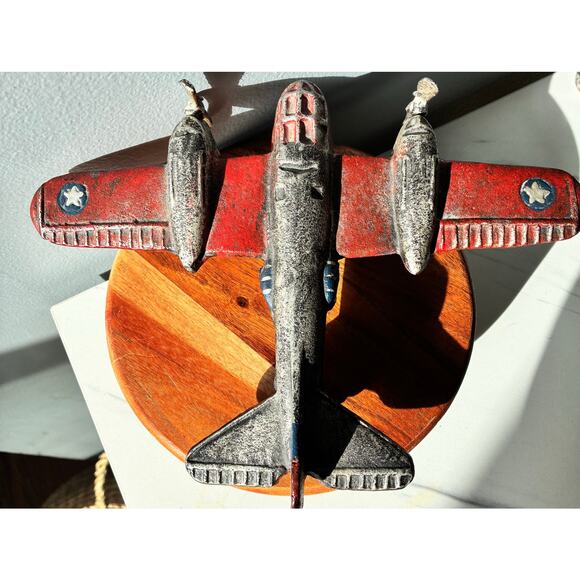 Vintage Cast Iron Red Airplane • Twin Engine • Heavy Antique Style Model Plane - Picture 7 of 16